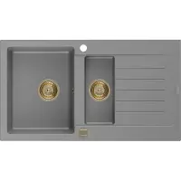 Mexen Matias 1,5-Becken-Granitspüle mit Abtropffläche 900 x 505 mm, Grau, Siphon Gold - 6502901505-71-G