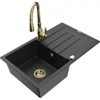 Mexen Bruno 1 Becken-Granitspüle mit Abtropffläche und Mischbatterie Savita, Schwarz/Silbermetallic - 6513-73-672601-50