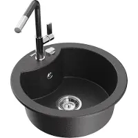 Mexen Diego 1-Becken-Granitspüle mit Mischbatterie Flora, Schwarz/Gold metallisch - 6512-76-670401-08
