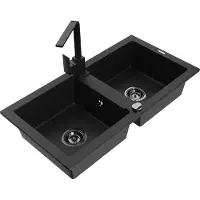 Mexen Mario 2-Becken-Granitspüle mit Mischbatterie Rita, Schwarz - 6504-77-670300-70-B