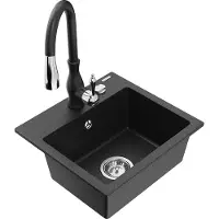 Mexen Milo 1-Becken-Granit-Spüle mit Mischbatterie Savita, Schwarz/Silbermetallic- 6505-73-672601-70