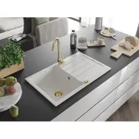Mexen Bruno Granitspüle mit einem Becken und einer Abtropffläche 795 x 495 mm, Weiß, Siphon Gold - 6513791010-20-G