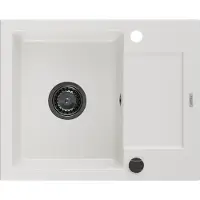 Mexen Enzo Granitspüle mit einem Becken und einer Abtropffläche 576 x 465 mm, Weiß, Siphon Schwarz - 6506571005-20-B