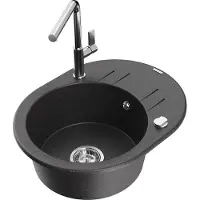 Mexen Kevin 1 Becken-Granitspüle mit Abtropffläche und Mischbatterie Flora, Schwarz gesprenkelt - 6517-76-670401-00