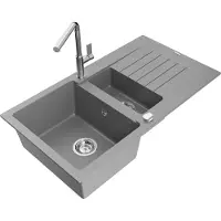 Mexen Matias 1,5-Becken-Granitspüle mit Abtropffläche und Mischbatterie Flora, Grau - 6502-71-670401-00