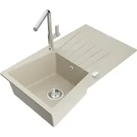 Mexen Cesar 1 Becken-Granitspüle mit Abtropffläche und Mischbatterie Flora, Beige - 6514-69-670401-00