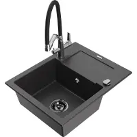 Mexen Enzo 1 Becken-Granitspüle mit Abtropffläche und Mischbatterie Duo, Schwarz gesprenkelt - 6506-76-671701-07-B