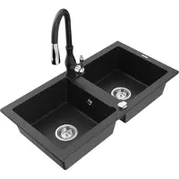 Mexen Mario 2-Becken-Granitspüle mit Mischbatterie Savita, Schwarz/Silbermetallic - 6504-73-672601-70