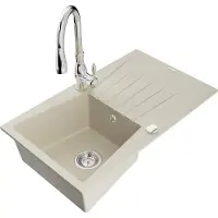 Mexen Cesar 1 Becken-Granitspüle mit Abtropffläche und Mischbatterie Savita, Beige - 6514-69-672601-00