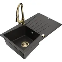 Mexen Cesar 1 Becken-Granitspüle mit Abtropffläche und Mischbatterie Elia, Schwarz/Gold metallisch - 6514-75-670101-50