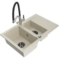 Mexen Gaspar 1,5-Becken-Granitspüle mit Abtropffläche und Mischbatterie Duo, Beige - 6507-69-671701-07-B