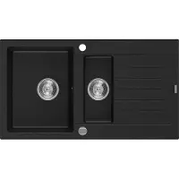 Mexen Matias 1,5-Becken-Granitspüle mit kurzer Abtropffläche 900 x 505 mm, Schwarz - 6502901505-77