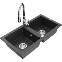 Mexen Mario 2-Becken-Granitspüle mit Mischbatterie Savita, Schwarz gesprenkelt - 6504-76-672601-00