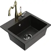 Mexen Milo 1-Becken-Granit-Spüle mit Mischbatterie Carla, Schwarz/Gold metallisch - 6505-75-670700-50-B