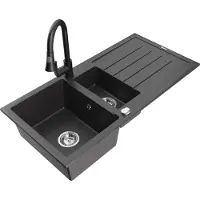 Mexen Andres 1,5-Becken-Granitspüle mit Abtropffläche und Mischbatterie Elia, Schwarz gesprenkelt - 6515-76-670101-70