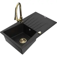 Mexen Cesar 1 Becken-Granitspüle mit Abtropffläche und Mischbatterie Elia, Schwarz - 6514-77-670101-50