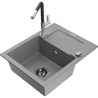 Mexen Enzo 1 Becken-Granitspüle mit Abtropffläche und Mischbatterie Flora, Grau - 6506-71-670401-07-B