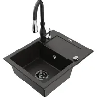 Mexen Enzo 1 Becken-Granitspüle mit Abtropffläche und Mischbatterie Savita, Schwarz/Gold metallisch - 6506-75-672601-70-B