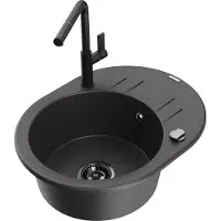 Mexen Kevin 1 Becken-Granitspüle mit Abtropffläche und Mischbatterie Flora, Schwarz gesprenkelt - 6517-76-670401-70-B