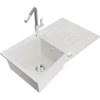 Mexen Cesar 1 Becken-Granitspüle mit Abtropffläche und Mischbatterie Flora, Weiß - 6514-20-670401-06