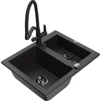 Mexen Carlos 1,5-Becken-Granitspüle mit Mischbatterie Duo, Schwarz/Gold metallisch - 6518-75-671701-70-B