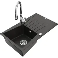 Mexen Cesar 1 Becken-Granitspüle mit Abtropffläche und Mischbatterie Savita, Schwarz/Gold metallisch - 6514-75-672601-00