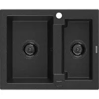 Mexen Carlos 1,5-Becken-Granitspüle 582 x 475 mm, Schwarz/Silbermetallic, Siphon Schwarz - 6518581500-73-B
