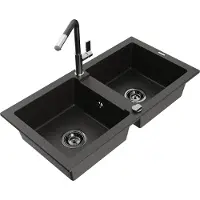 Mexen Mario 2-Becken-Granitspüle mit Mischbatterie Flora, Schwarz/Gold metallisch - 6504-75-670401-07-B