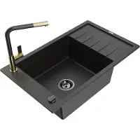Mexen Elias 1 Becken-Granitspüle mit Abtropffläche und Mischbatterie Flora, Schwarz/Gold metallisch - 6511-75-670401-57-B
