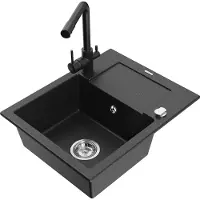 Mexen Enzo 1 Becken-Granitspüle mit Abtropffläche und Mischbatterie Duero, Schwarz/Silbermetallic - 6506-73-671600-70