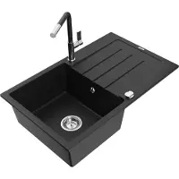 Mexen Bruno 1 Becken-Granitspüle mit Abtropffläche und Mischbatterie Flora, Schwarz - 6513-77-670401-07