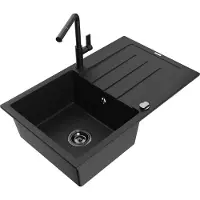 Mexen Bruno 1 Becken-Granitspüle mit Abtropffläche und Mischbatterie Flora, Schwarz - 6513-77-670401-70-B