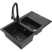Mexen Gaspar 1,5-Becken-Granitspüle mit Abtropffläche und Mischbatterie Elia, Schwarz/Silber - 6507-73-670101-70-B