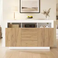 Merax Kommode Sideboard mit 3 Schubladen Und 2 Türen, Wohnzimmerschrank mit Offenen Fächern, Küchenschrank, Flurschrank 140 cm, Weiß+Natur