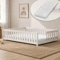 KIDS Collection Kinderbett Bodenbett mit Rausfallschutz Lattenrost und Matratze Montessori Bett Bed Gitterbett Kinder Jugendbett Einzelbett | 90x190 cm | Baumwolle