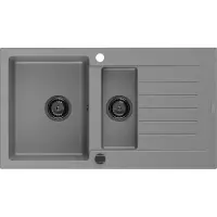 Mexen Matias 1,5-Becken-Granitspüle mit Abtropffläche 900 x 505 mm, Grau, Siphon Schwarz - 6502901505-71-B