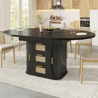 Flieks Ausziehbarer Esstisch mit integriertem Stauraum & Rattan-Optik, Küchentisch, Esszimmertisch 118-158x118x77.1cm, Schwarz