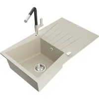 Mexen Cesar 1 Becken-Granitspüle mit Abtropffläche und Mischbatterie Flora, Beige - 6514-69-670401-07