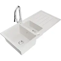Mexen Andres Granitspüle 1,5-Becken mit Abtropffläche und Küchenarmatur Elia, weiß - 6515-20-670101-00