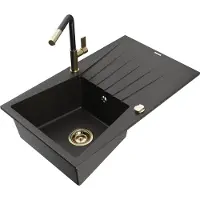 Mexen Cesar 1 Becken-Granitspüle mit Abtropffläche und Mischbatterie Flora, Schwarz/Gold metallisch - 6514-75-670401-57-G
