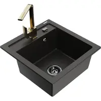 Mexen Vito 1-Becken-Granit-Spüle mit Mischbatterie Rita, Schwarz/Gold metallisch - 6503-75-670300-50-B