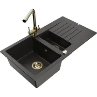 Mexen Matias 1,5-Becken-Granitspüle mit Abtropffläche und Mischbatterie Duero, Schwarz/Gold metallisch - 6502-75-671600-50