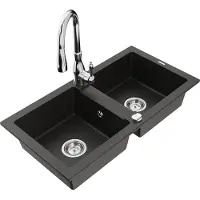 Mexen Mario 2-Becken-Granitspüle mit Mischbatterie Savita, Schwarz/Gold metallisch - 6504-75-672601-00