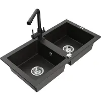 Mexen Mario 2-Becken-Granitspüle mit Mischbatterie Duero, Schwarz/Gold metallisch - 6504-75-671600-70