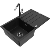 Mexen Bruno 1 Becken-Granitspüle mit Abtropffläche und Mischbatterie Flora, Schwarz - 6513-77-670401-07-B