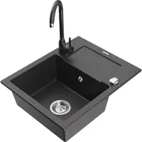 Mexen Enzo 1 Becken-Granitspüle mit Abtropffläche und Mischbatterie Telma, Schwarz gesprenkelt - 6506-76-670200-76