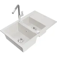Mexen Gaspar 1,5-Becken-Granitspüle mit Abtropffläche und Mischbatterie Flora, Weiß - 6507-20-670401-06