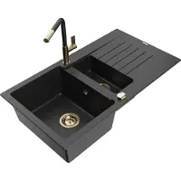 Mexen Matias 1,5-Becken-Granitspüle mit Abtropffläche und Mischbatterie Flora, Schwarz/Silber - 6502-73-670401-57-G