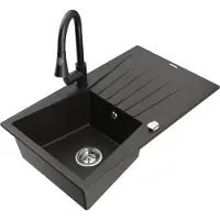 Mexen Cesar 1 Becken-Granitspüle mit Abtropffläche und Mischbatterie Elia, Schwarz/Gold metallisch - 6514-75-670101-70