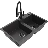 Mexen Tomas 2-Becken-Granitspüle mit Mischbatterie Duo, Schwarz gesprenkelt - 6516-76-671701-70-B